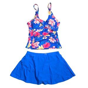 NWOT | Vibrant Blue Tropical Floral V-Neck Tankini & Swim Skirt Set | XL